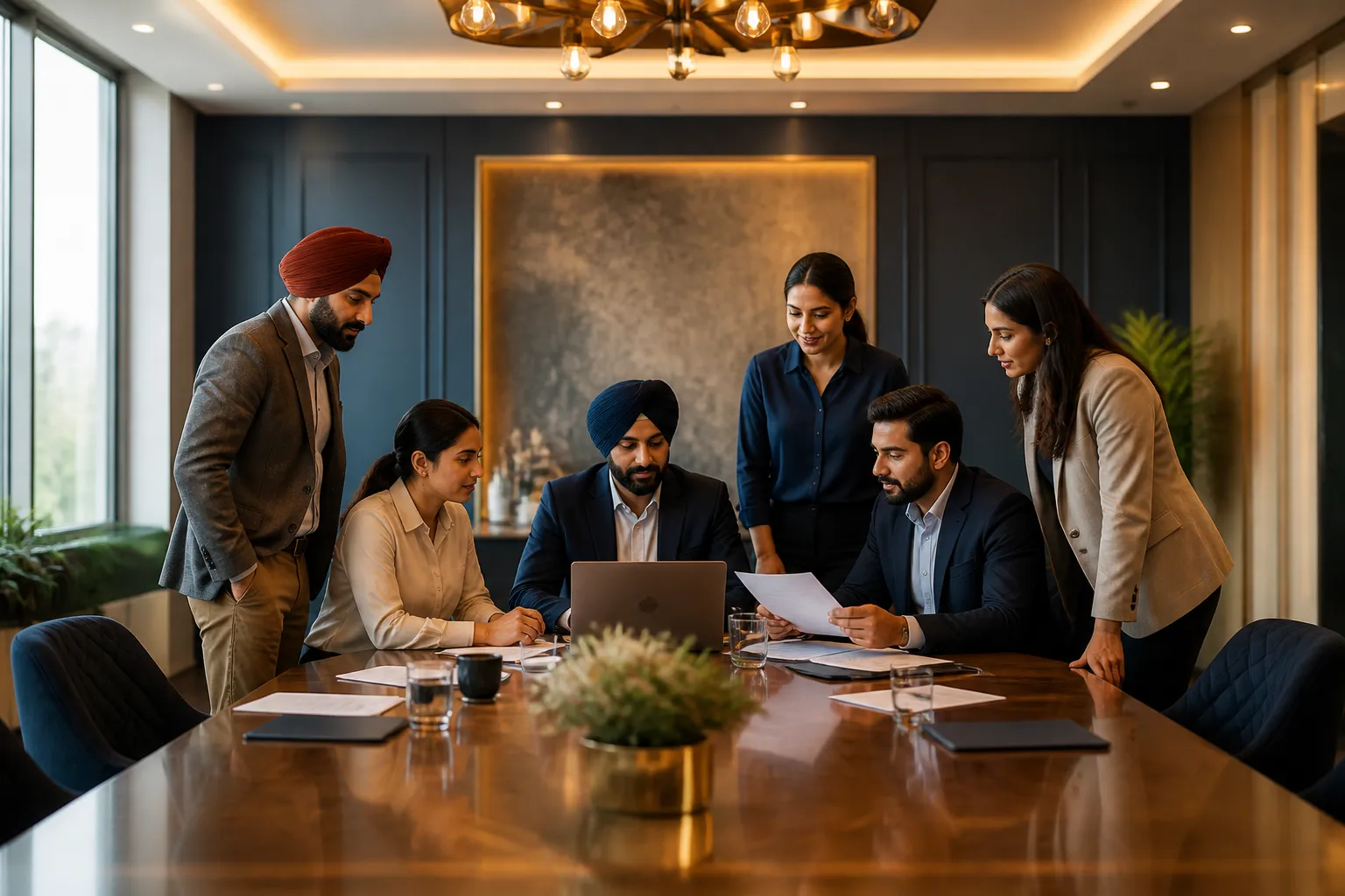 Diverse business clients working with their CA team in a modern office